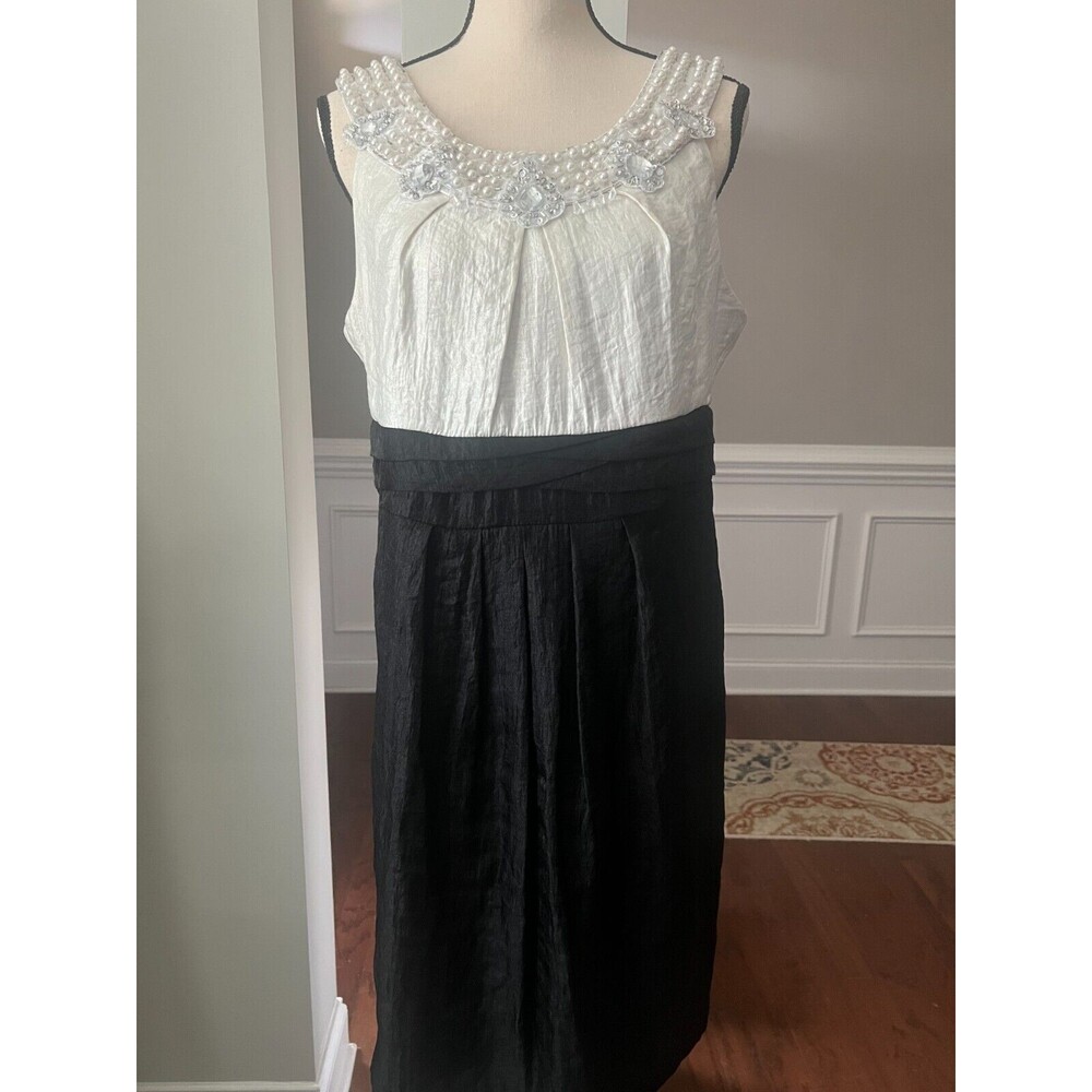 R&M Richards Womens Dress Size 14 Black White Satin Beaded Formal